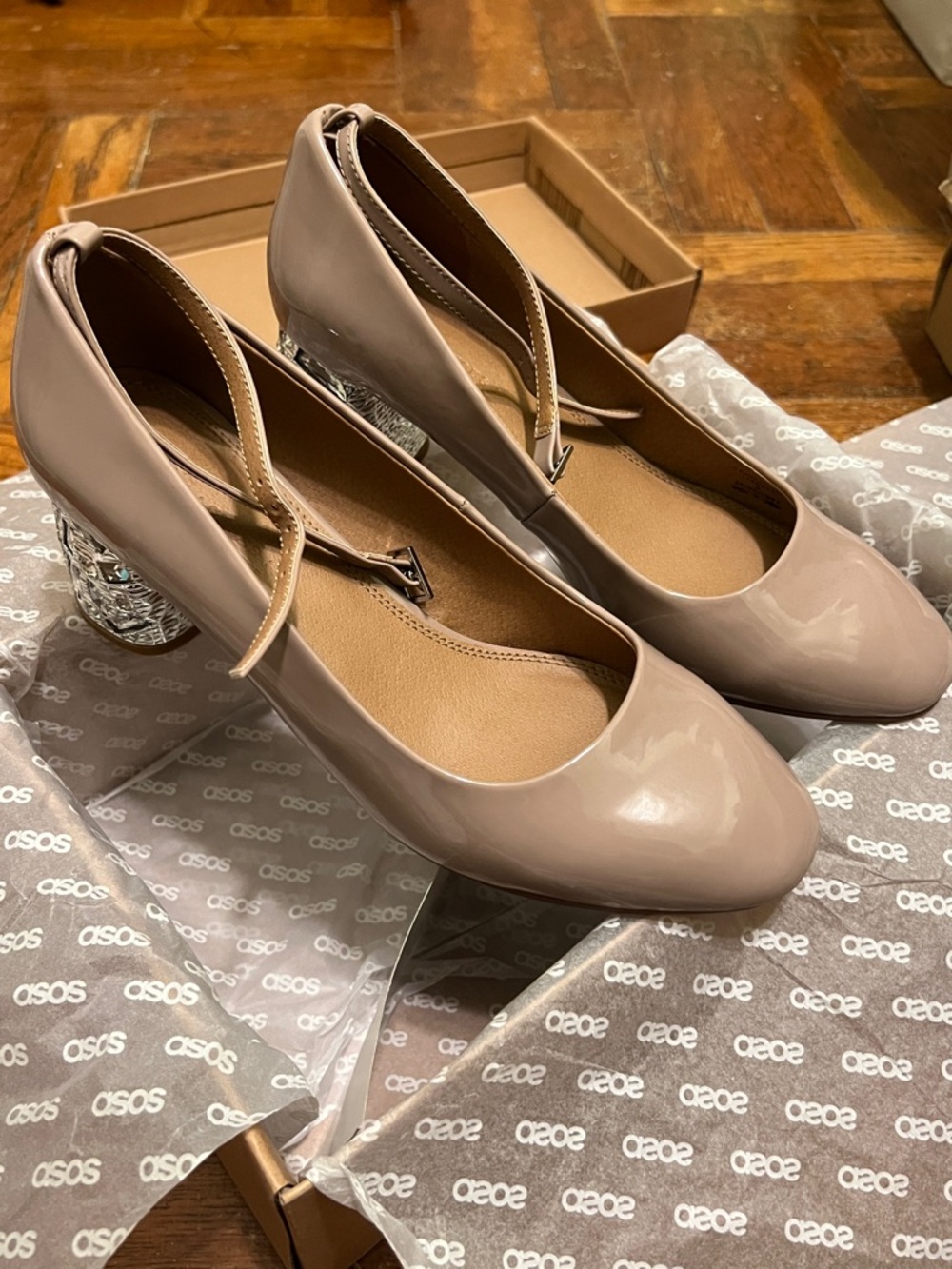 ASOS Nude Patent Round-Toe Ankle-Strap Block Heels